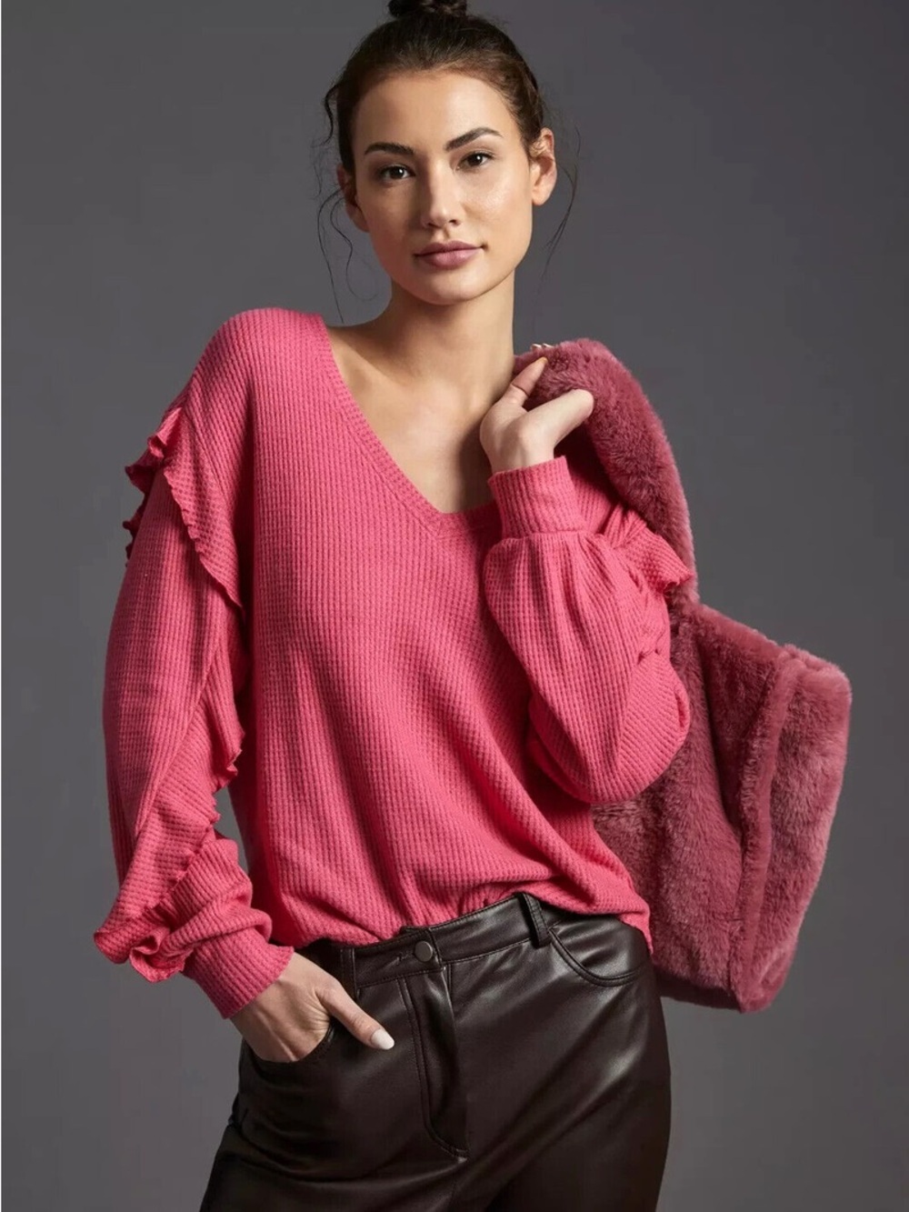 Pilcro x Anthropologie Ruffled V-Neck Top Shirt Waffle Rasberry Pink sz Large